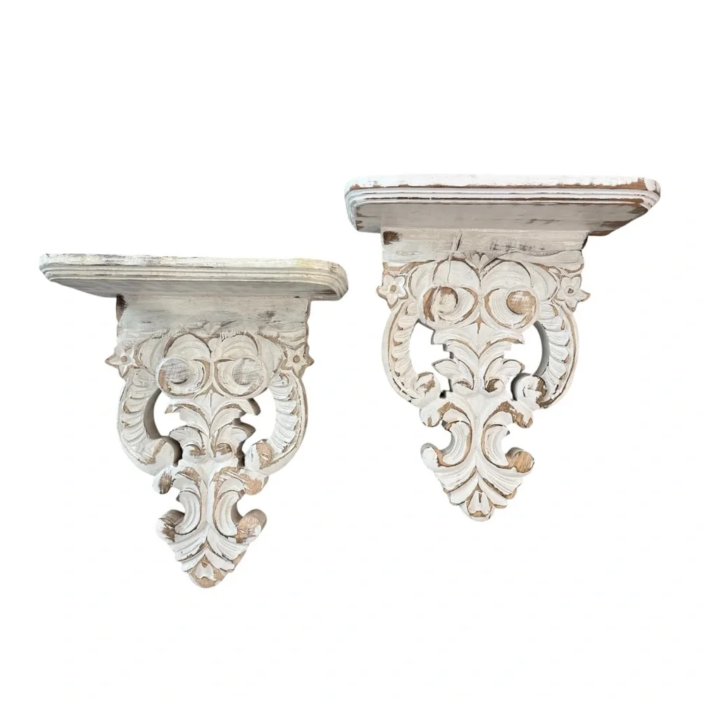 NWT Set of 2 Vintage-Inspired White Distressed Farmhouse-look Wall Shelves